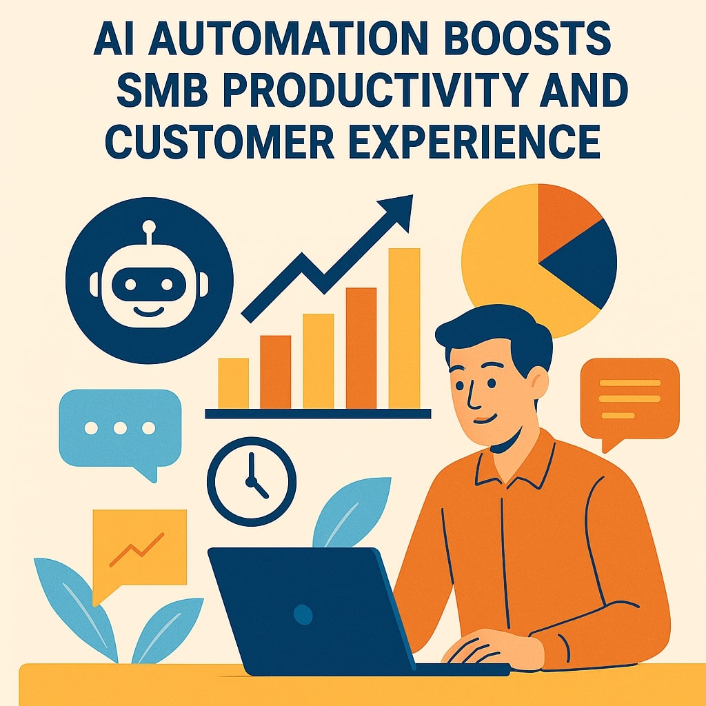 AI automation improving small business productivity, showing growth charts and customer engagement visuals